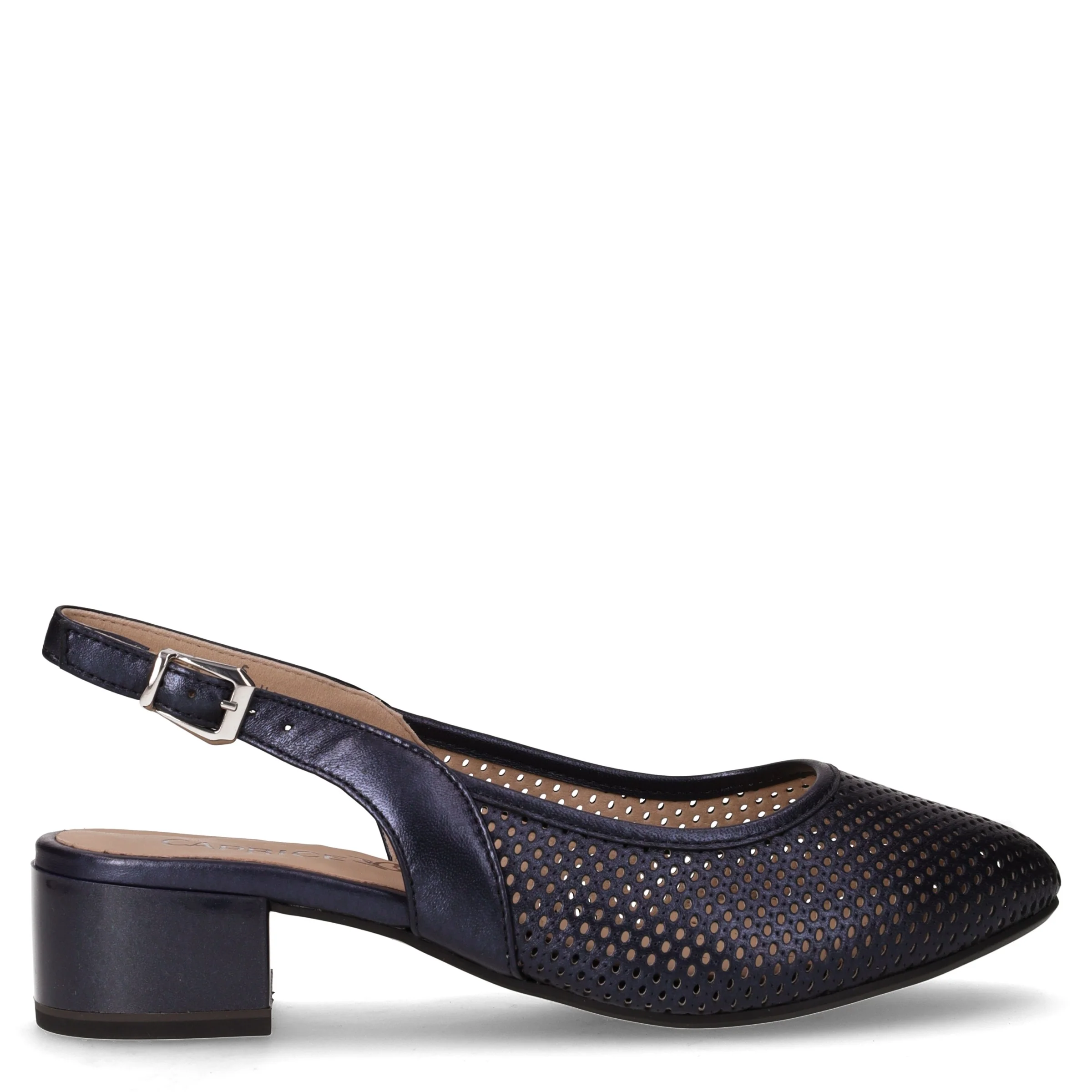 Slingback in pelle con tacco navy perlato