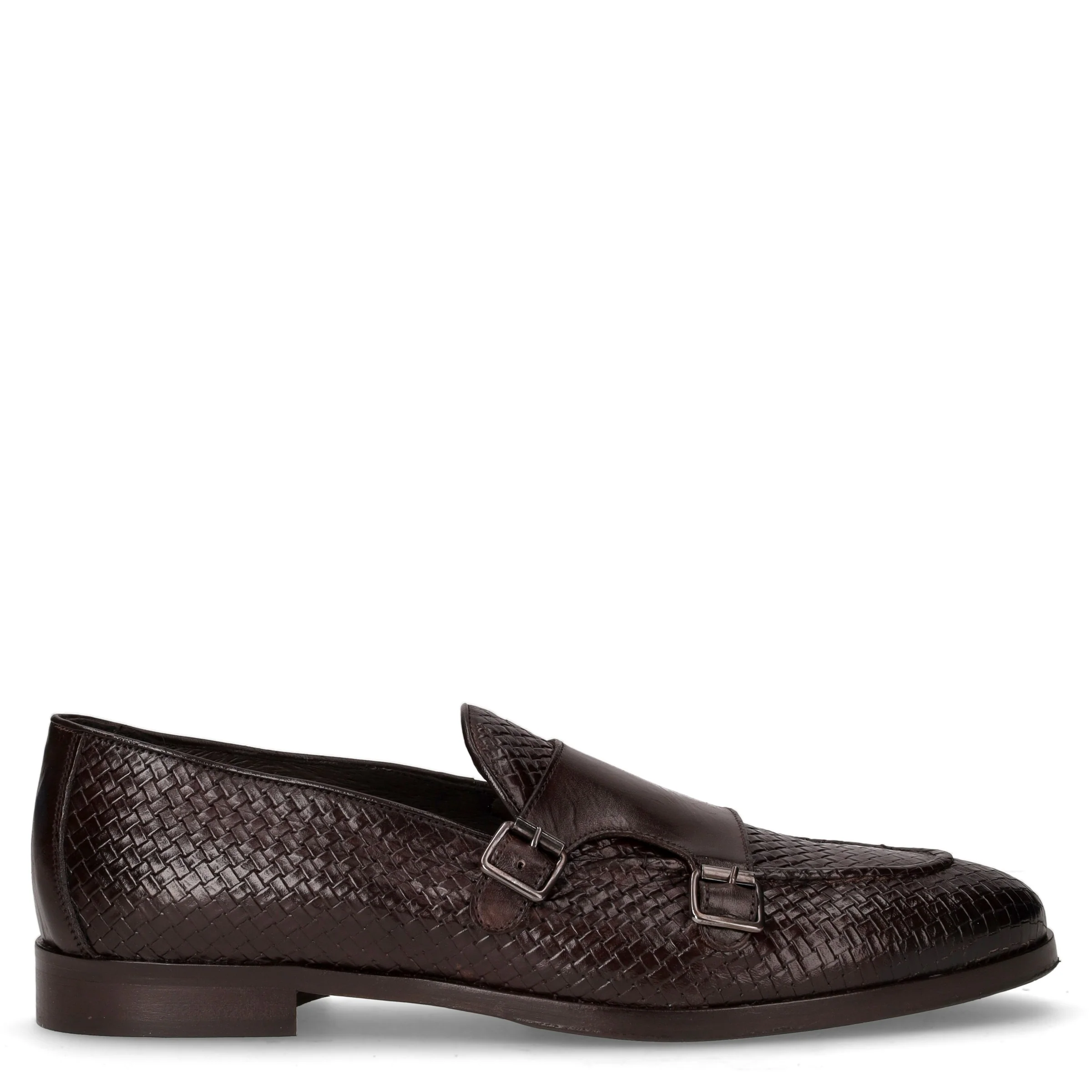 Mocassino in pelle con fibbie castagno