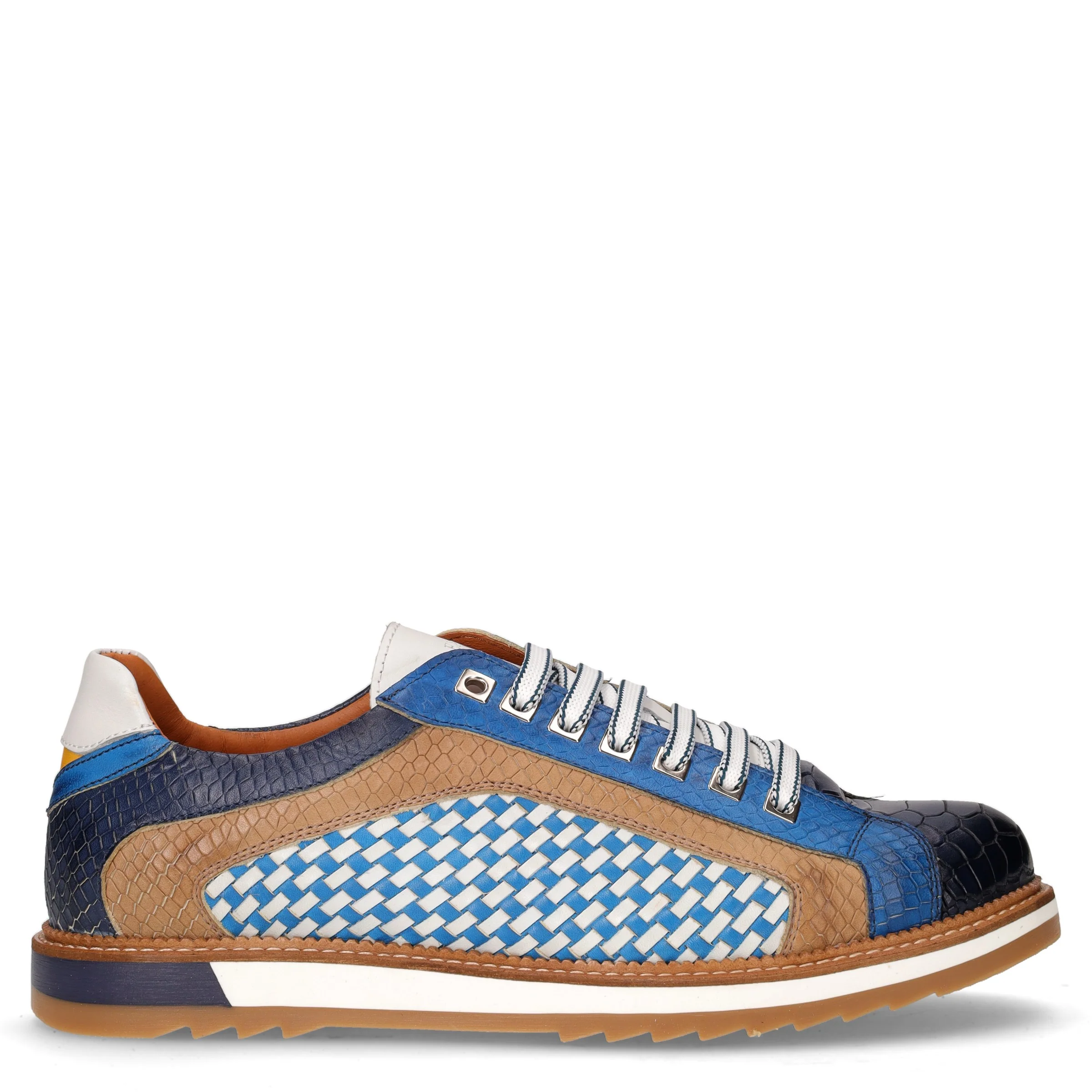 Stringata sportiva in pelle blu marrone bianco