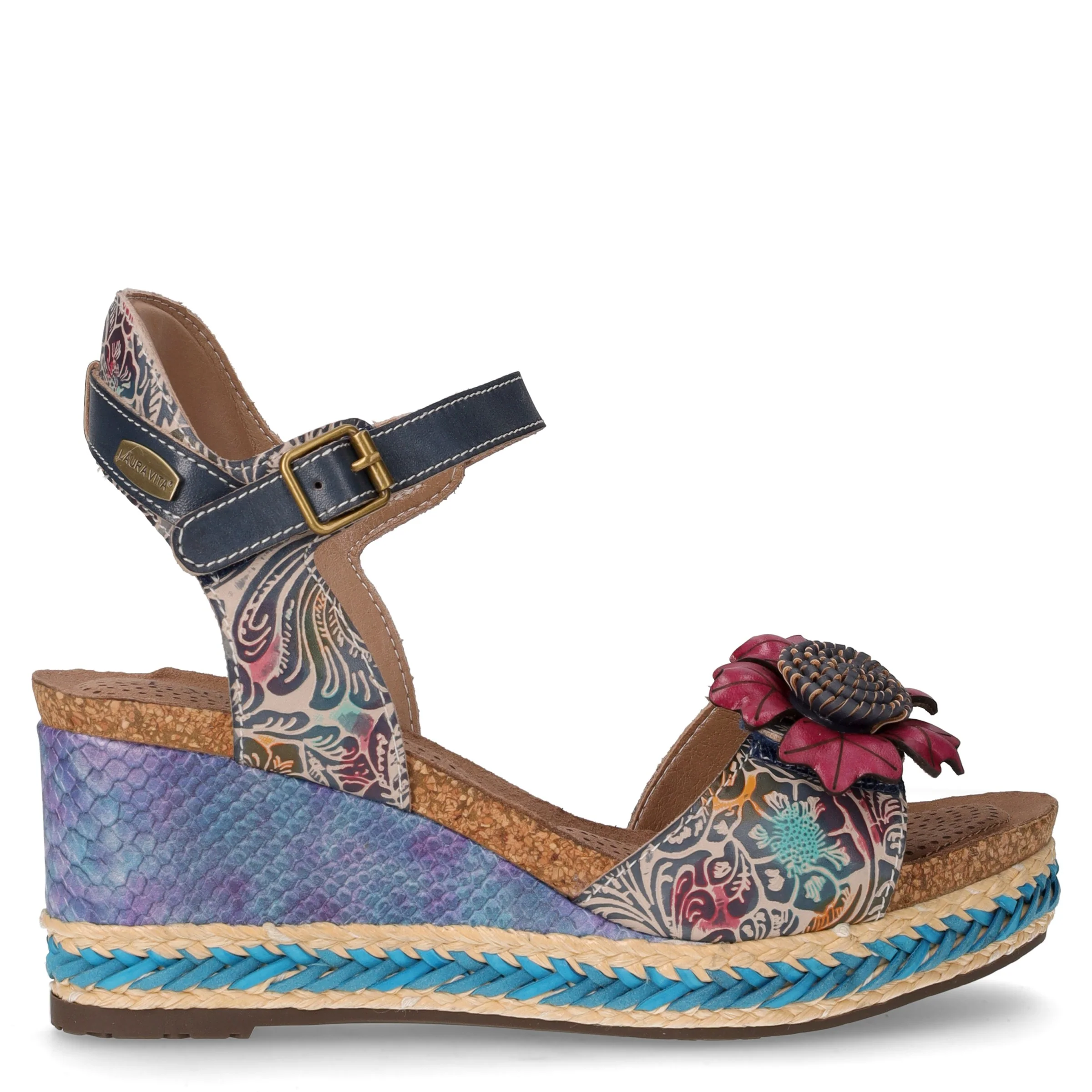 Facyo sandalo con zeppa in pelle jeans