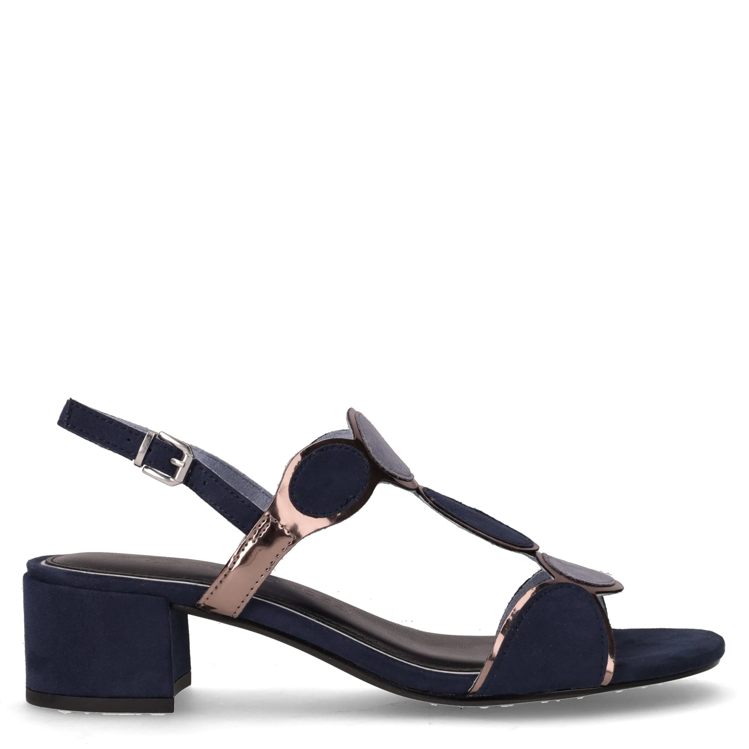 Sandalo con tacco in tessuto navy arancione beige
