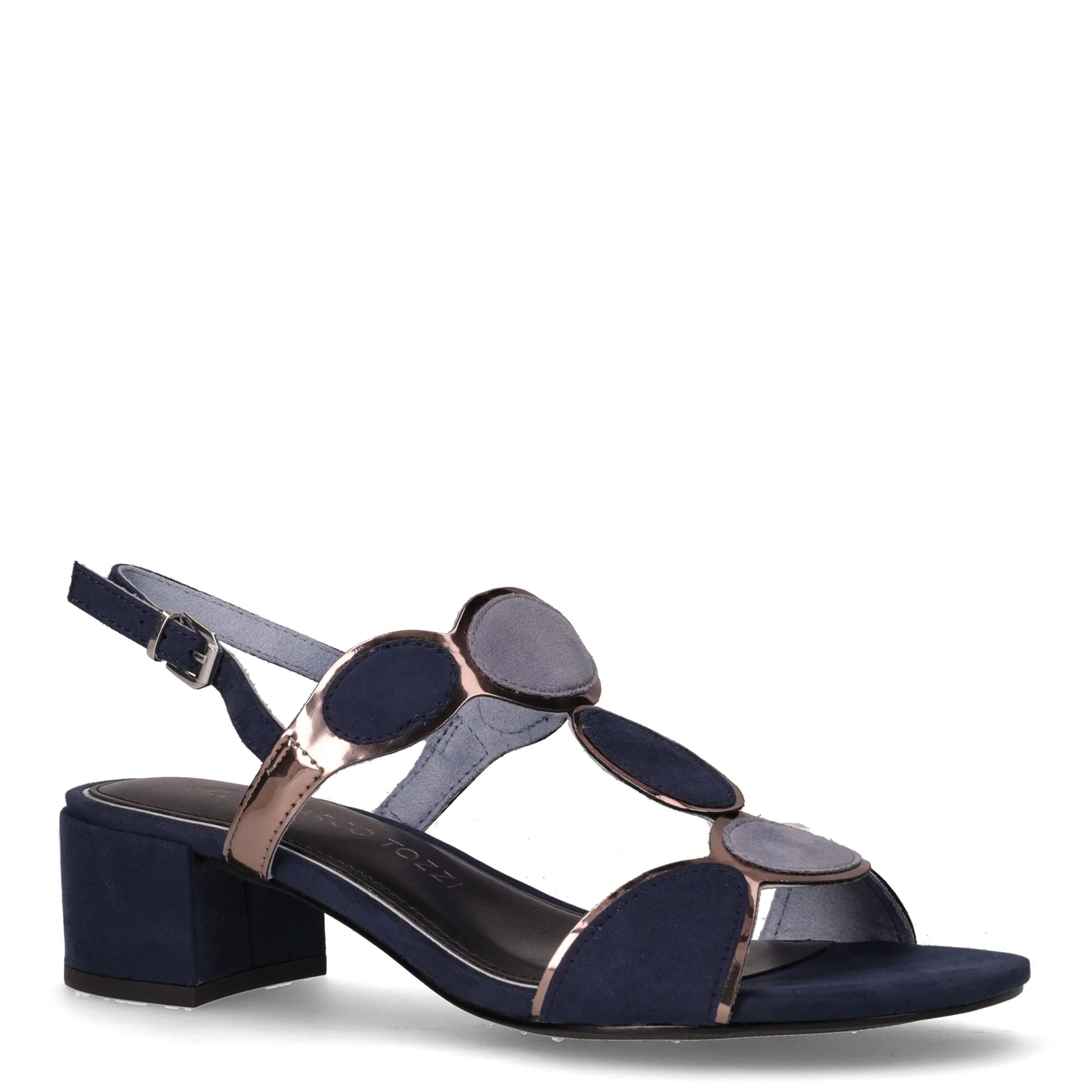 Sandalo con tacco in tessuto navy arancione beige - Image 2