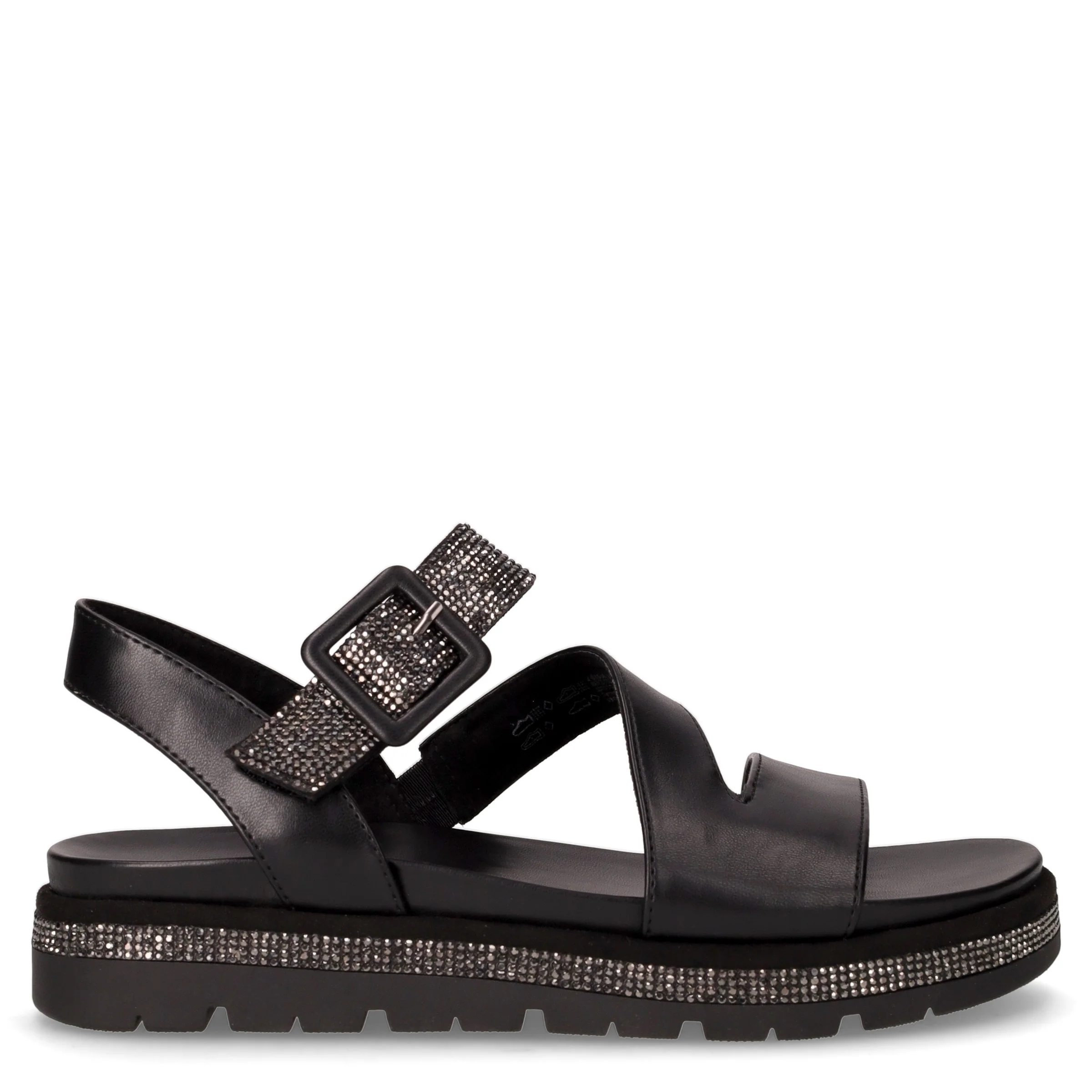 Sandalo in ecopelle con strass e zeppa nero