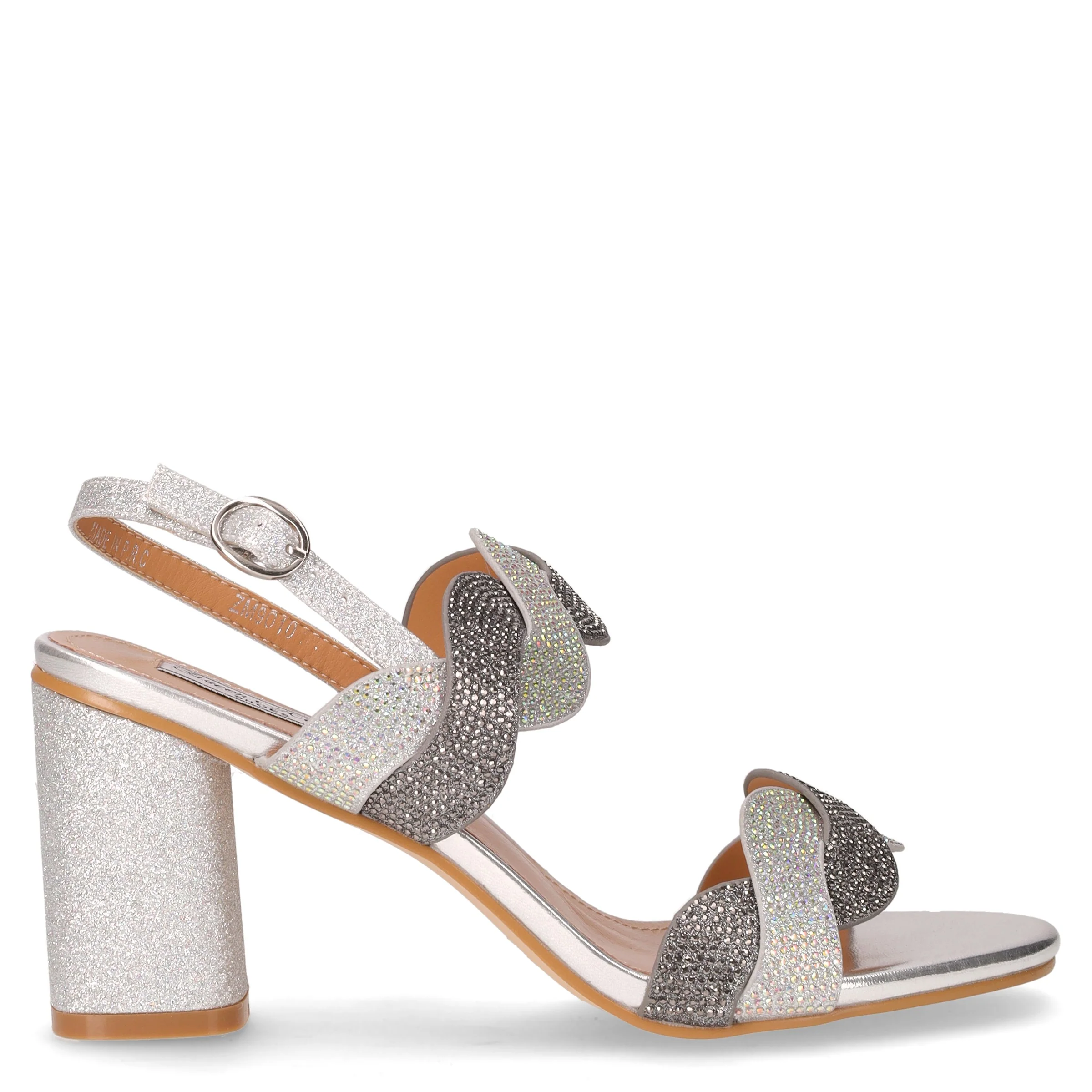 Sandalo in ecopelle con strass e tacco argento