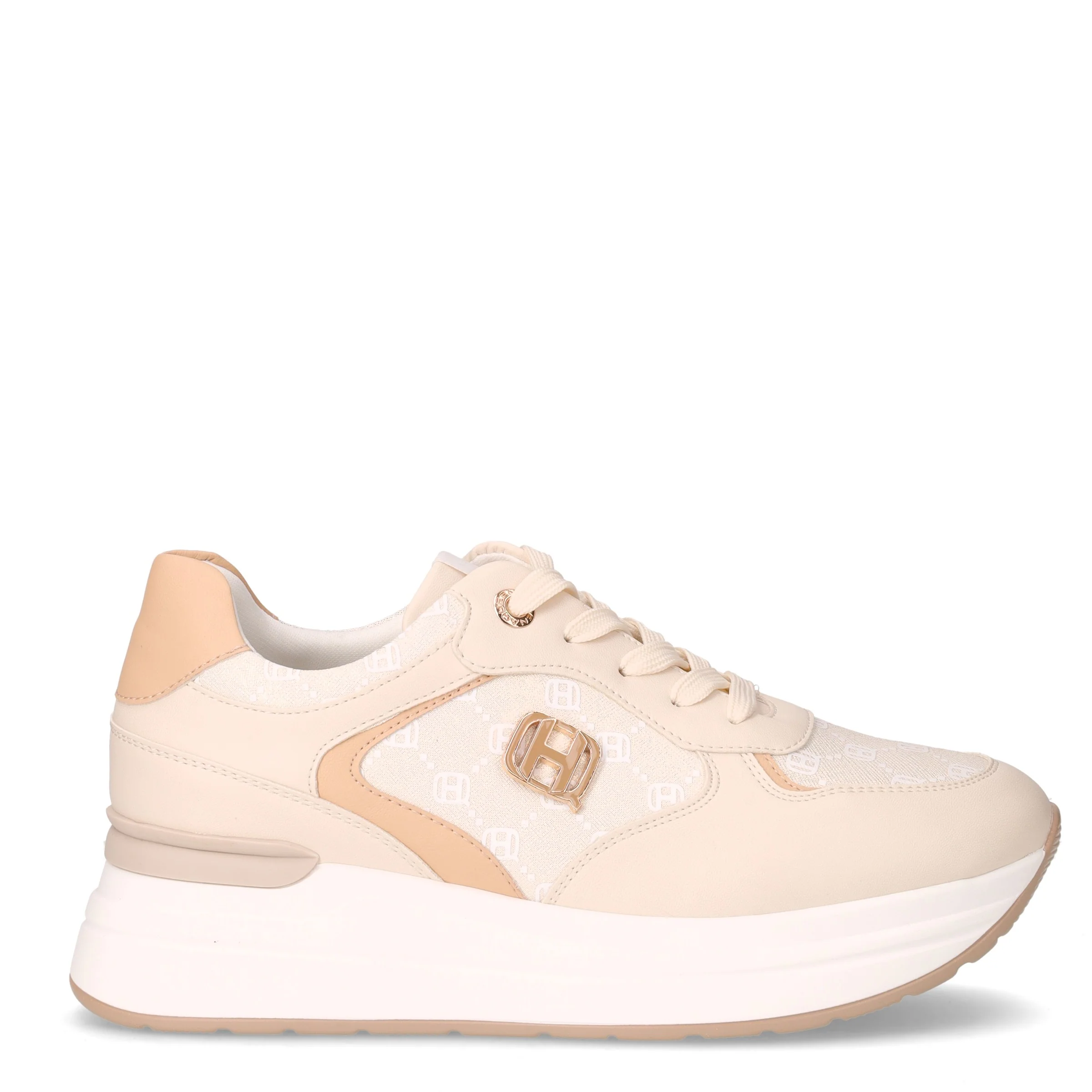 Sneaker in tessuto ed ecopelle con zeppa beige camel