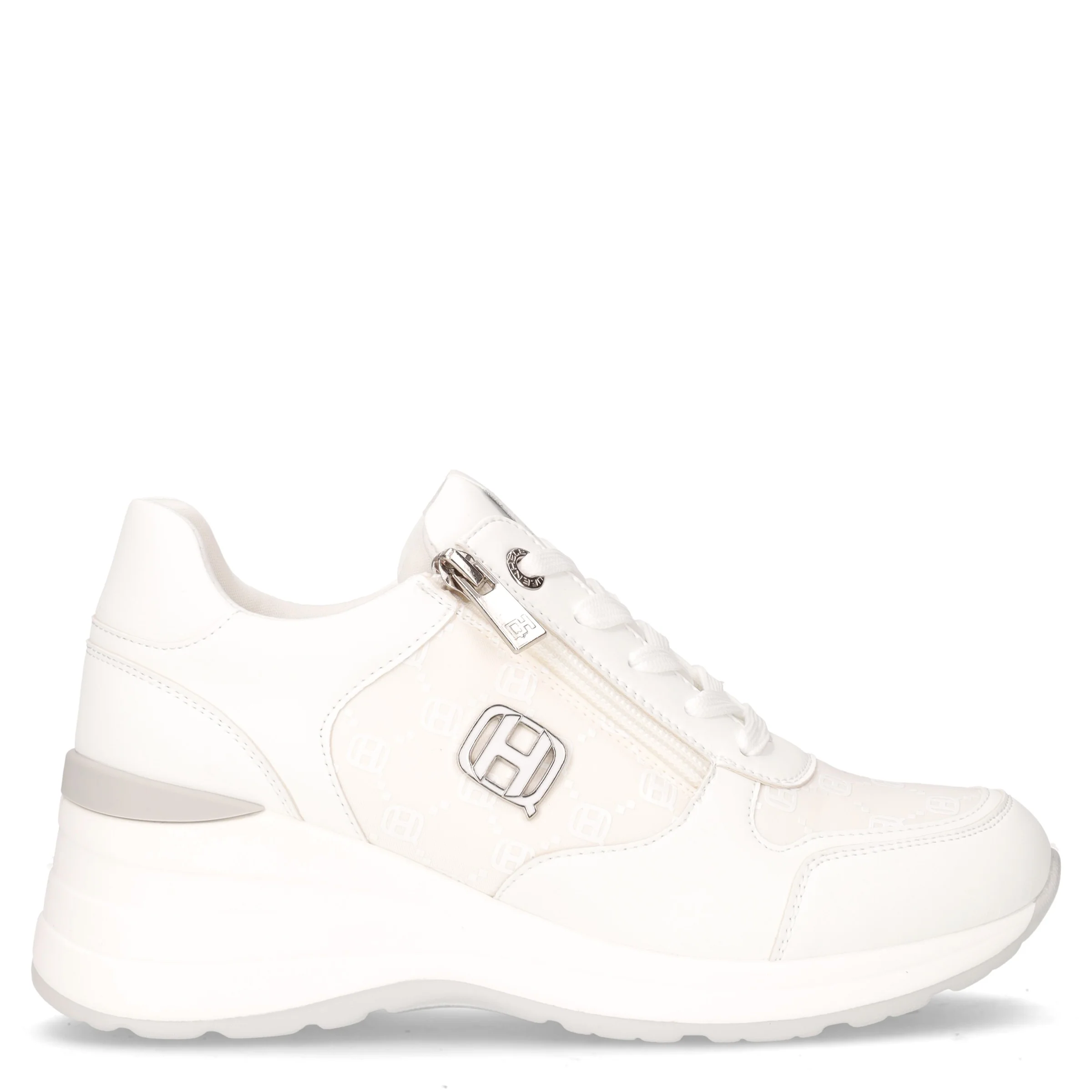 Sneaker in tessuto ed ecopelle con zeppa bianco