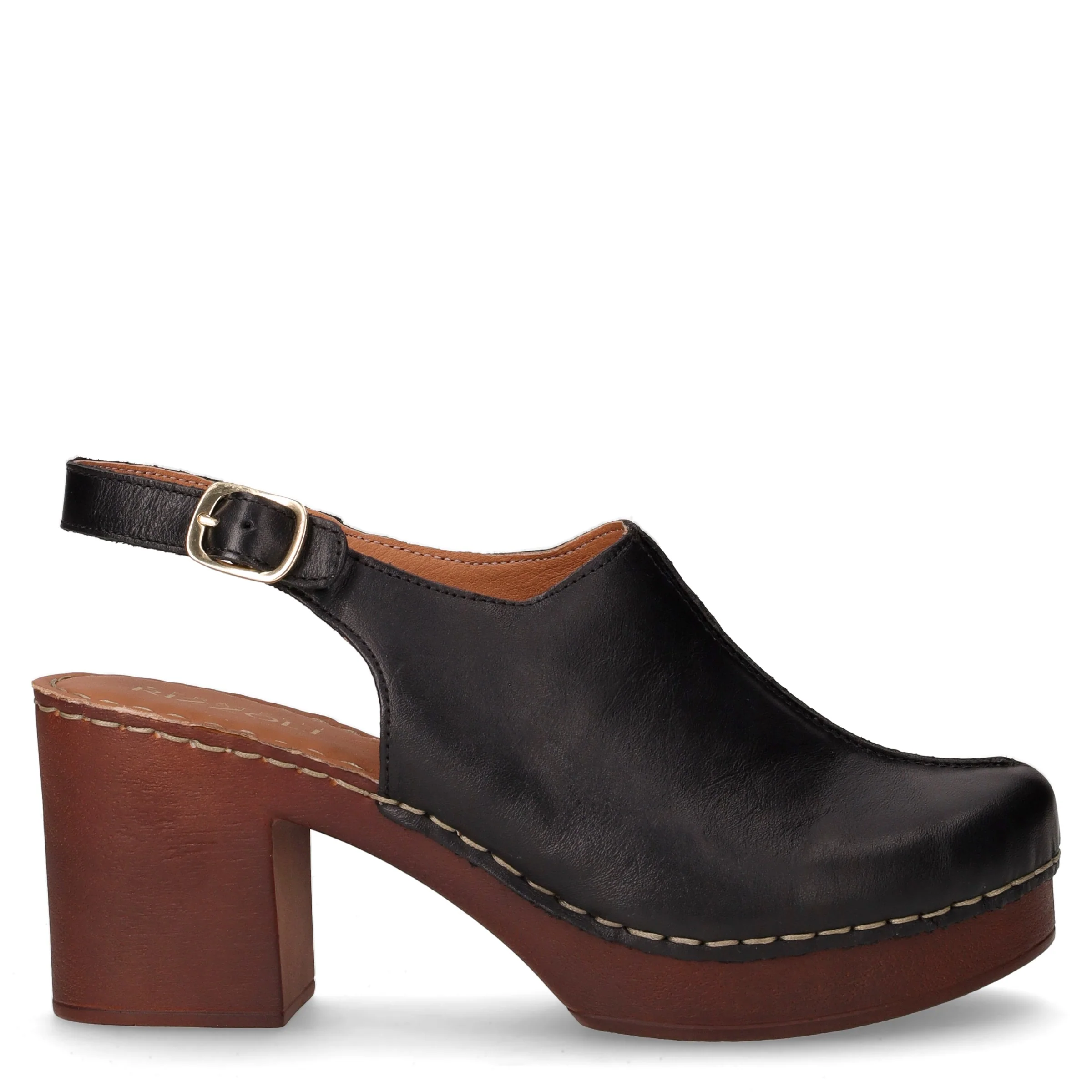 Zoccolo slingback in pelle con tacco nero