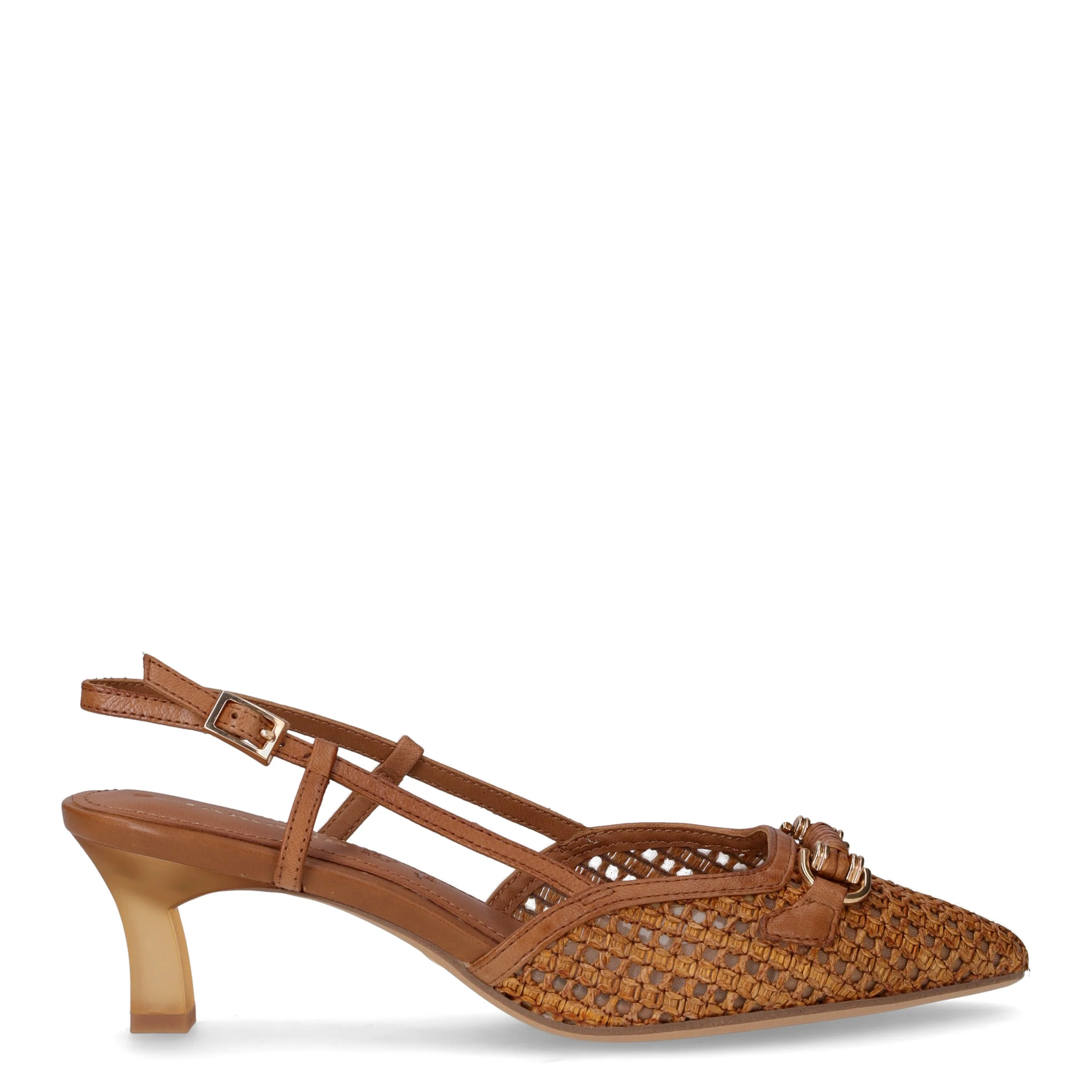 Slingback in rafia e pelle con tacco cognac
