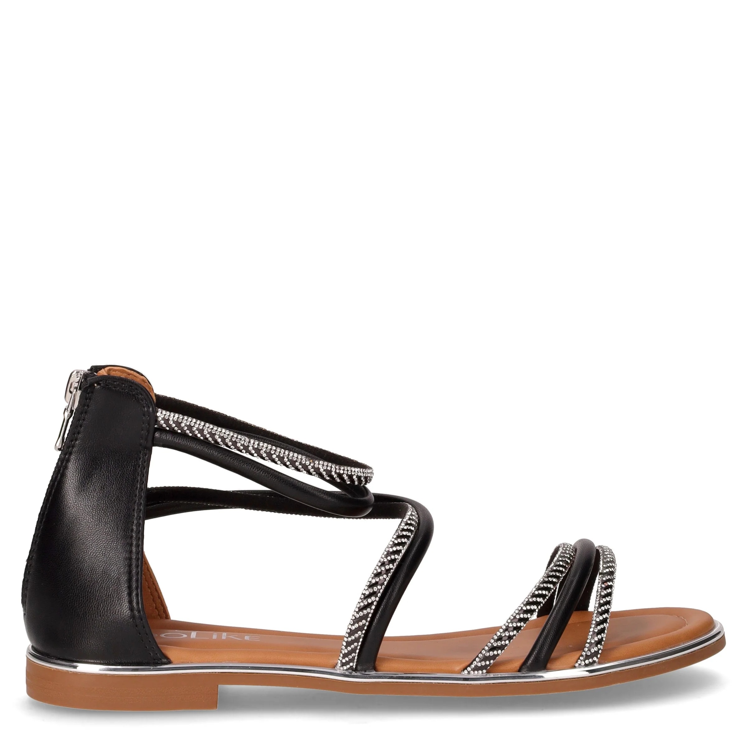 Sandalo in ecopelle e tessuto con strass nero