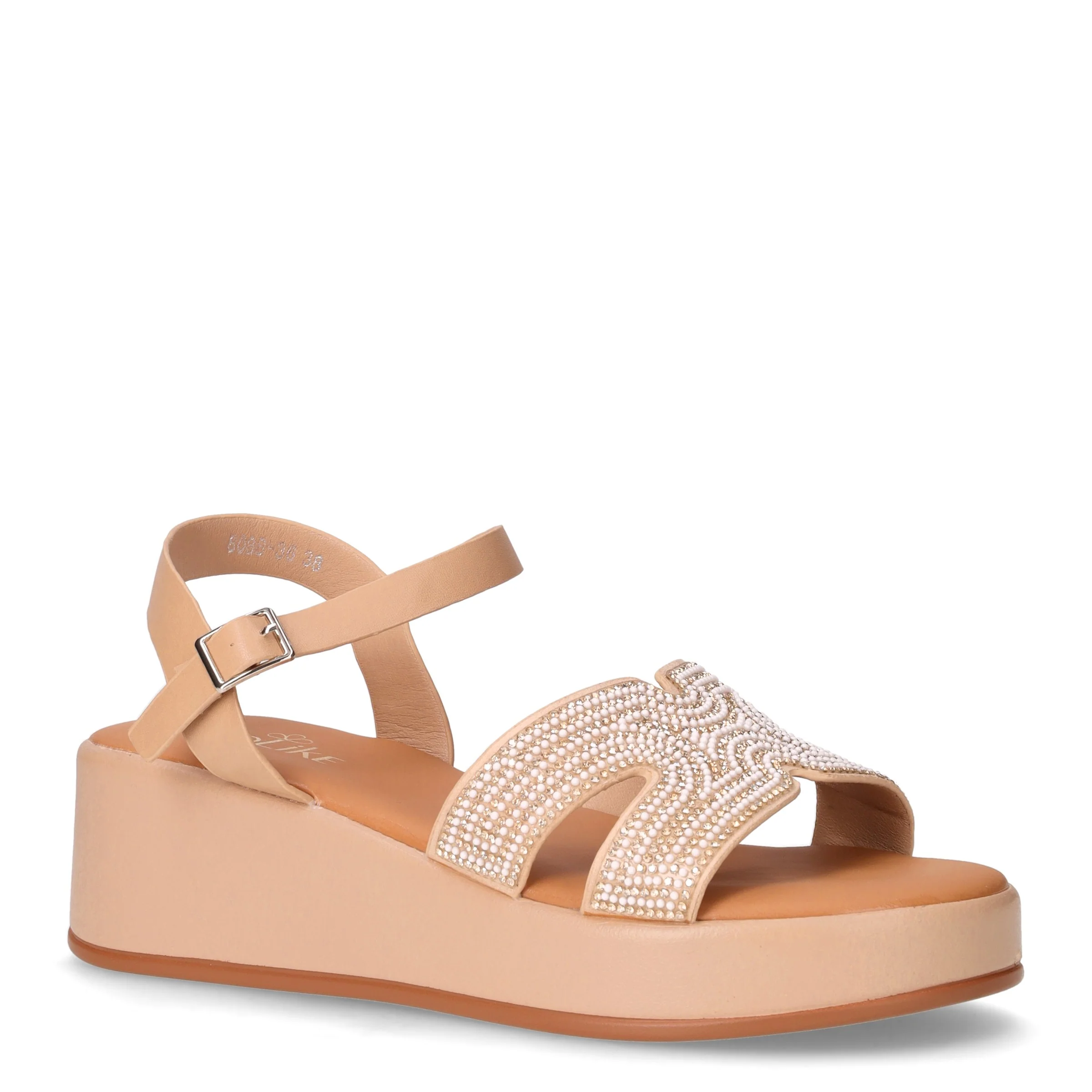 Sandalo in tessuto ed ecopelle con strass beige kaki - Image 2