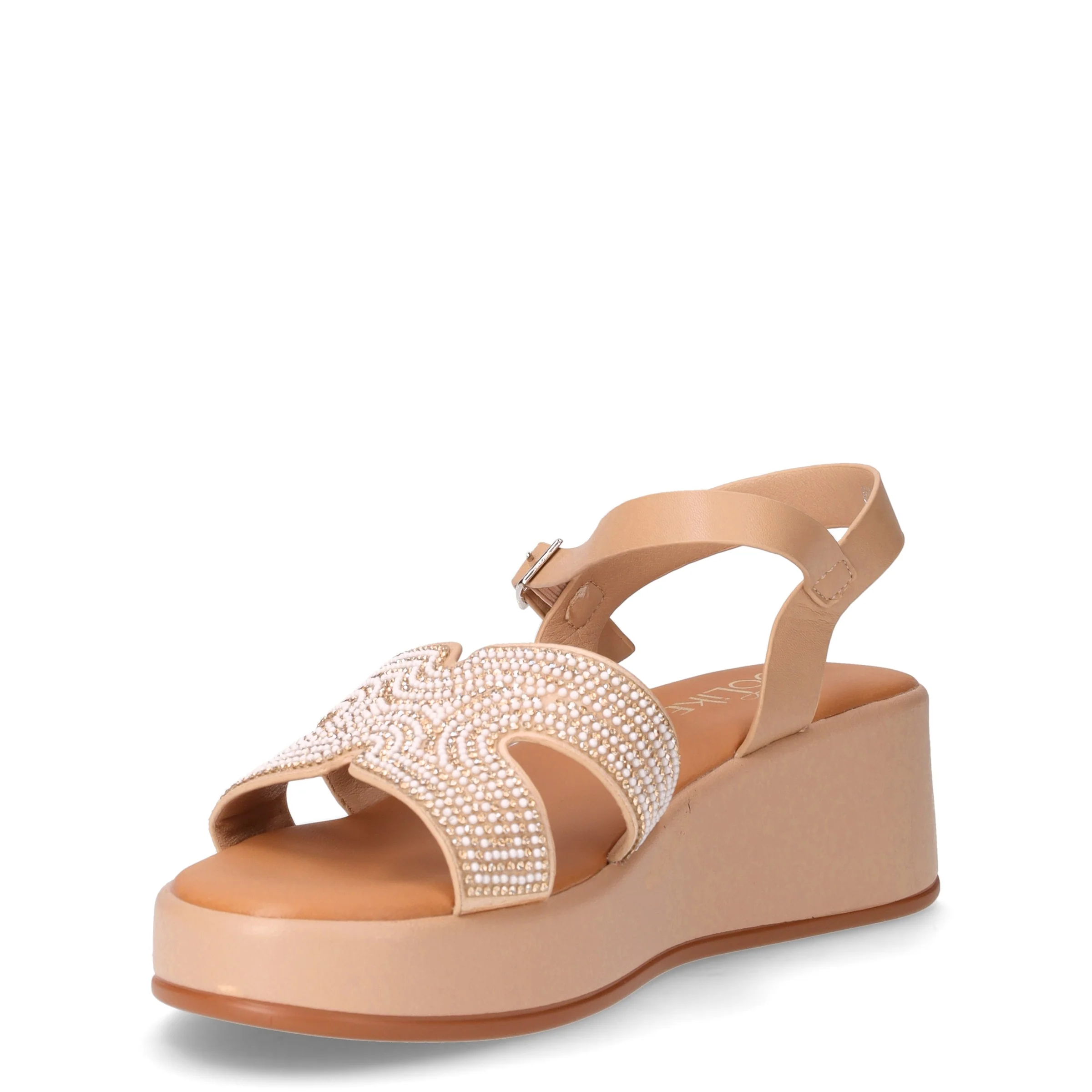 Sandalo in tessuto ed ecopelle con strass beige kaki - Image 3
