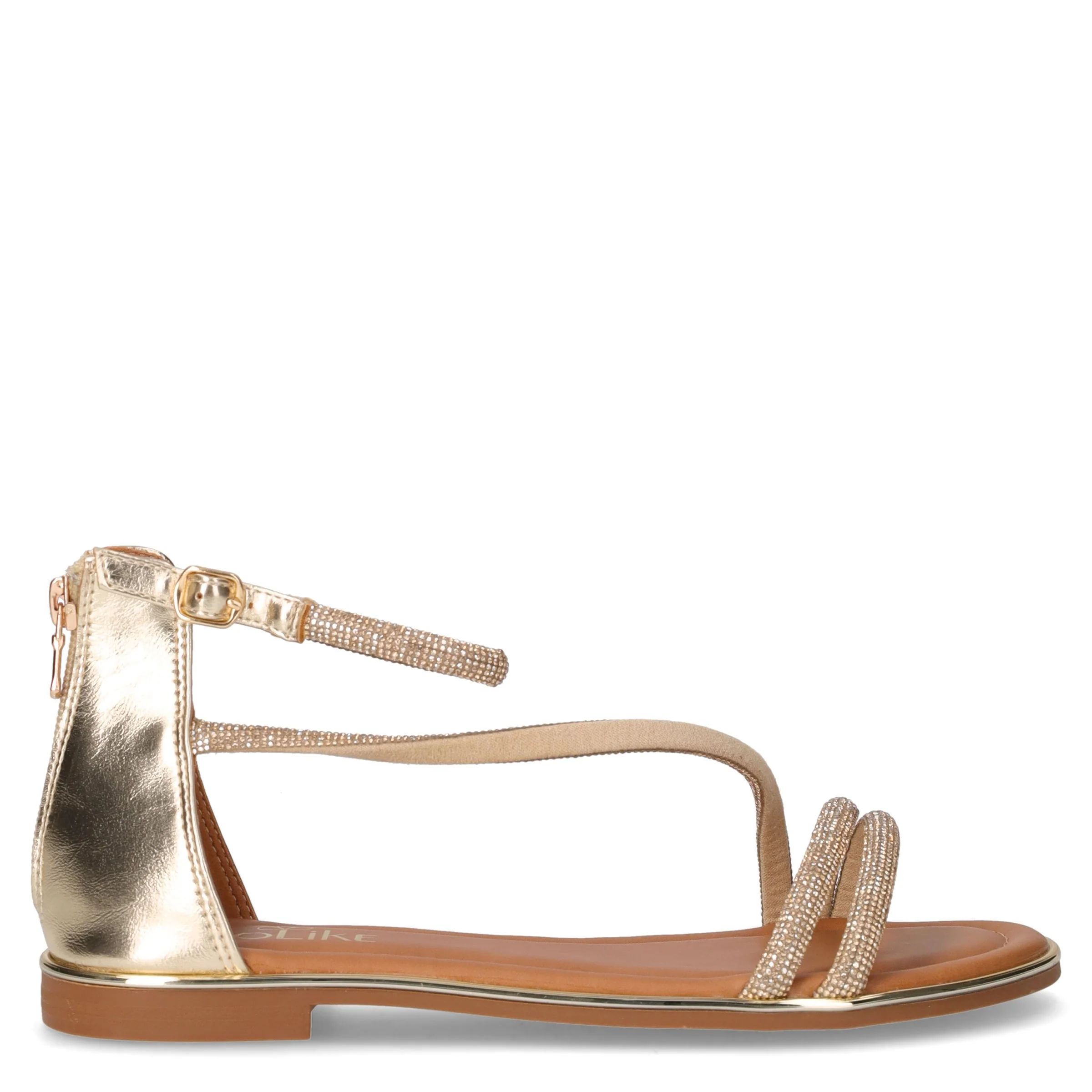 Sandalo in tessuto ed ecopelle con strass oro