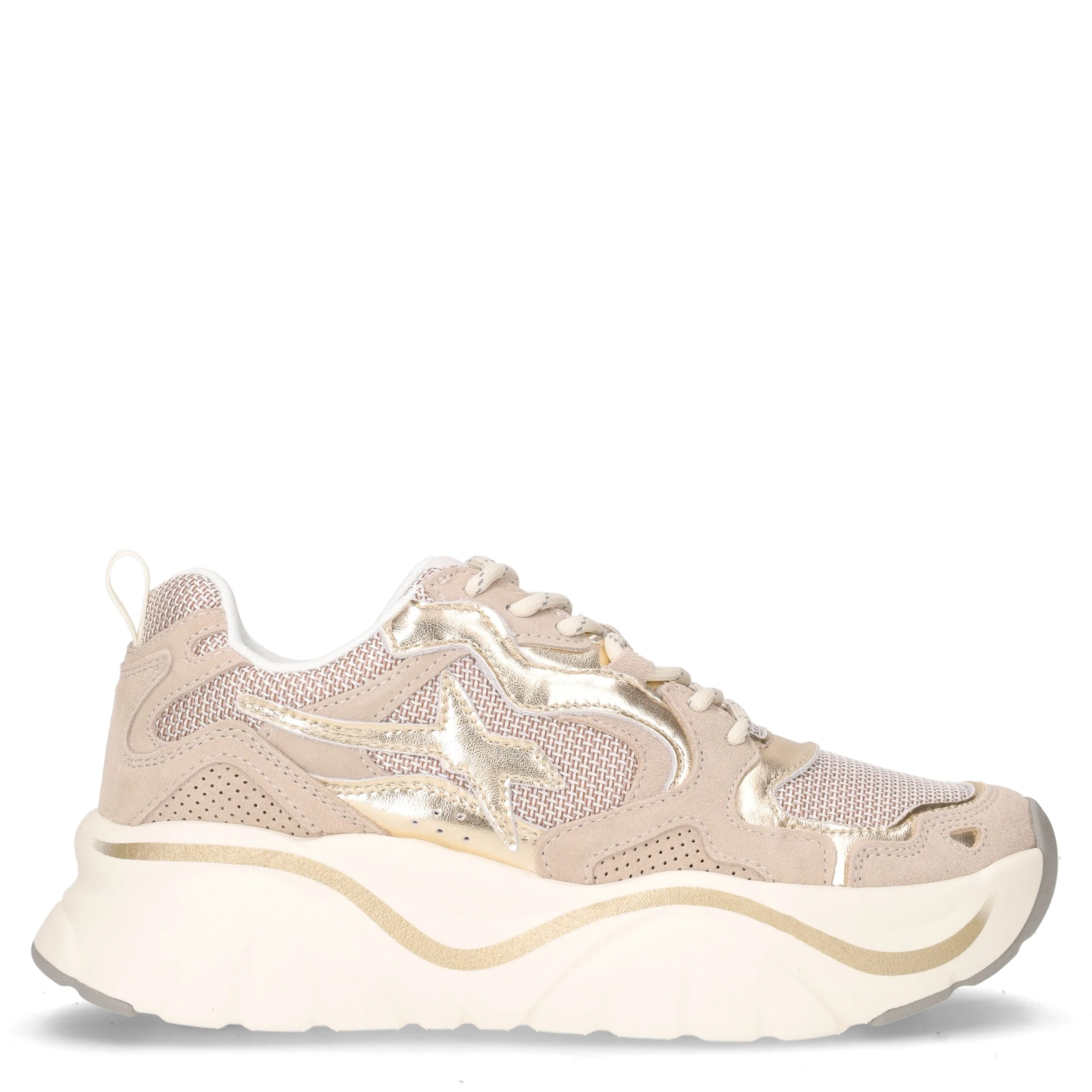 Mia sneaker in pelle e tessuto cipria beige bianco oro